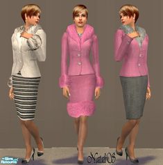 three women in pink and grey outfits standing next to each other