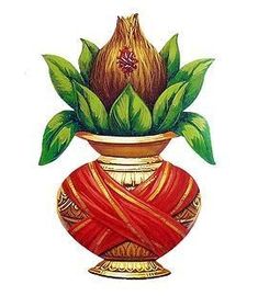 a painting of a flower in a vase with green leaves and red cloth wrapped around it