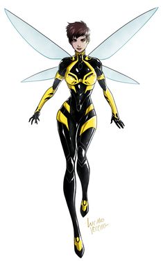 a drawing of a woman dressed in black and yellow with a bee on her chest