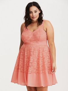 Torrid Insider Strappy Lace Skater Dress, CANDLELIGHT PEACH Peach Lace, Lace Skater Dress, Tan Dresses, Sweater Collection, Dress Images, Skater Style, Torrid Dresses, Plus Size Lingerie, Fit N Flare Dress