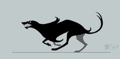 a black dog running with its mouth open on a gray background in the style of an animal