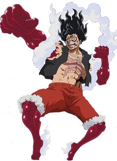 an anime character with black hair and red pants, holding his arms out in the air