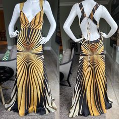 Roberto Cavalli Iconic Spring 2007 Butterfly Stripe Silk Evening Dress  Dress Size 44  Bust 36" Waist 31" Hips 46" Length 64"  Excellent condition Designer Silk V-neck Dress, Designer Fitted V-neck Dress, Fitted V-neck Designer Dress, Designer Fitted Maxi Dress For Summer, Designer Fitted Maxi Dress, Luxury Fitted Silk Maxi Dress, Silk Fitted Maxi Dress With Lining, Outfit References, Silk Evening Dress