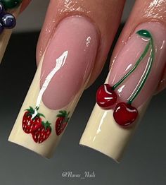 Airbrush Acrylic Nails, Cherry Nail Ideas, Strawberries Nails, Nail Cherry, Bug Nails, Chloe Nails, Business Nails, Cherry Nails, Drip Nails