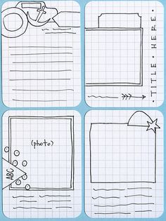 four notebook pages with different drawings on them