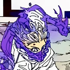 a drawing of a woman with purple hair wearing a white coat and blue scarf over her head