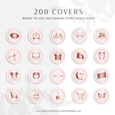 the 20 icons are shown in pink and white colors, with text reading 200 covers ready to use instagram story highlights