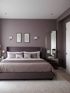 a bedroom with purple walls and white carpeted flooring, along with a large bed