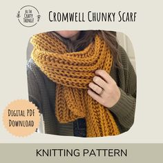 the crochet chunk scarf pattern is shown with text that reads, knitting pattern