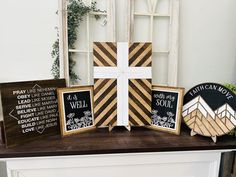 A 5 sign collection with understated tones of oak and black centering around a barn quilt design with a cross in the center. Quilt Mountains, Mountains Quilt, David Soul, Faith Can Move Mountains, Mountain Quilts, It Is Well With My Soul, Wood Shapes, Diy Workshop, Mountain Scene