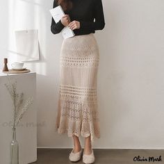 Olivia Mark - Elegant Long Skirt with Flowing Design Long Lace Skirt, Skirt Knit, Crochet Skirt Pattern, Long Skirt Summer, Feminine Skirt, Beige Skirt, Fishtail Skirt, Womens Fall Dress, Lace Cutout