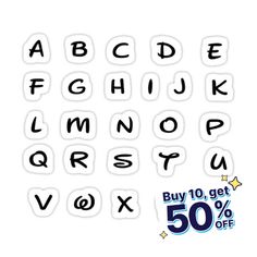 the letters and numbers stickers are on sale for 50 % off, with white background