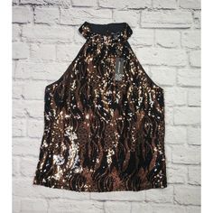 Cable & Gauge Womens Rose Gold Black Sequin Tank Top Blouse Size S/P. Inventory Location A4 Smoker Free Brown Sleeveless Evening Tops, Brown Sleeveless Party Top, Brown Sleeveless Top For Party, Brown Evening Top For Spring, Gold Sleeveless Top For Date Night, Chic Brown Party Top, Fitted Brown Blouse For Party, Chic Brown Party Blouse, Spring Party Brown Blouse