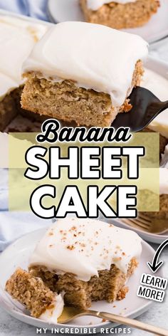 a banana sheet cake with white frosting on top and the words, learn more below