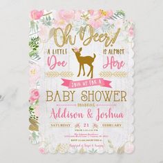 a pink and gold deer baby shower is shown