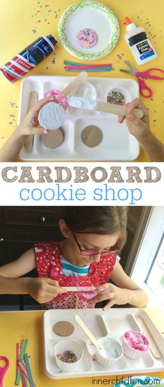 Cardboard Cookie Shop! Cardboard Crafts For Kindergarten, Baking Crafts Preschool, Cardboard Cookies, Cookies Week Activities Preschool, Cardboard Cookies Craft, Cookie Craft For Preschool, Food Themed Crafts, Pre K Baking Activities