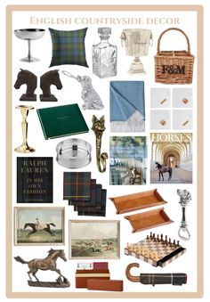 the english countryside decor poster is shown with pictures and other things to include in it