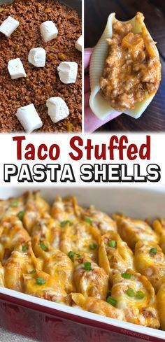 taco stuffed pasta shells in a red casserole dish with text overlay