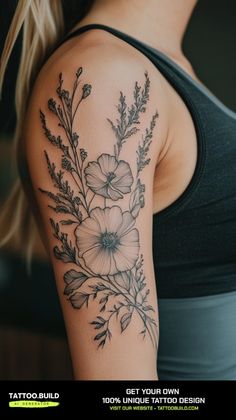 a woman's arm with flowers and leaves tattooed on the back of her shoulder