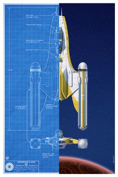 an image of a space shuttle in blueprint and on top of a red planet