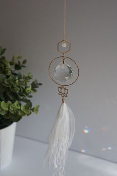 a white and gold dream catcher hanging from a wire next to a potted plant