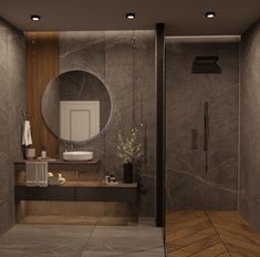 a modern bathroom with marble walls and flooring