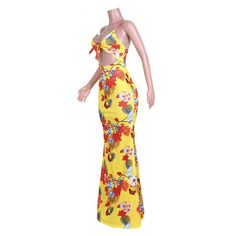 Boho Beach Floral Print Cut Out Floor Length Dresses Multicolor Dress For Holiday Vacation, Multicolor Holiday Dress For Vacation, Yellow Printed Maxi Dress For Party, Yellow Dresses For Spring Beach Party, Sleeveless Dress With Tropical Print For Holiday, Yellow Floral Print Vacation Dress, Yellow Tropical Sundress For Vacation, Tropical Maxi Party Dress, Tropical Style Maxi Party Dress