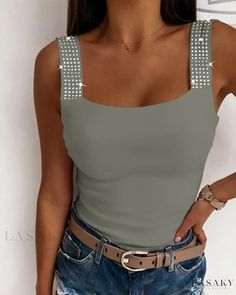 Lasaky - Embellished Rhinestone Camisole Tank Top Woman Top, Teenage Fashion, Womens Tops Summer, Women Tunic Tops, Trend Fashion, Tank Top Cami, Cami Tanks, Vest Top, Cami Top