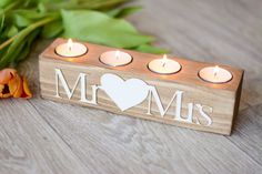 Wooden tealight holder with sign. Candle Sign, Just Married Sign, Candle Wedding Centerpieces, Candle Holders Wedding, Wood Candle, Unity Candle, Mr And Mrs Wedding, Tealight Holder