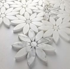 several white flowers are arranged on the floor in front of each other, and one is made out of marble