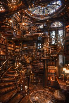 a room filled with lots of books next to a spiral staircase