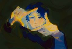 a digital painting of a woman holding her hand up to her head and looking off into the distance