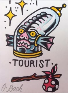 a drawing of a cartoon character holding a toothbrush with the words tourist on it