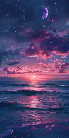 the sun is setting over the ocean with stars in the sky and clouds above it