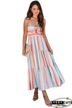 Multicolor Striped Tie Decor Strapless Tiered Maxi Dress Bohemian Strapless Dress For Beach Season, Bohemian Bandeau Strapless Dress For Spring, Strapless Sundress For Beach Season, Multicolor Bandeau Summer Dress, Bandeau Sundress For Summer Brunch, Bandeau Sundress For Beach Season, Summer Bandeau Midi Dress For Day Out, Multicolor Bandeau Dress For Vacation, Bandeau Strapless Dress For Beach Day Out