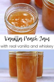 three jars filled with vanilla peach jam on top of a white table next to each other