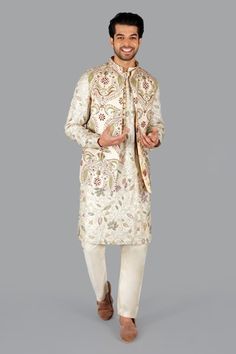 Beige bundi with kantha embroidered floral vine motifs. Comes with embroidered kurta and pant. - Aza Fashions Cream Embroidered Nehru Jacket With Traditional Drape, Embroidered Beige Nehru Jacket, Embroidered Off-white Nehru Jacket With Traditional Drape, Formal Embroidered Off-white Nehru Jacket, Cream Embroidered Straight Kurta Bandhgala, Kurta Set Men, Payal Singhal, Sanya Malhotra, Jayanti Reddy