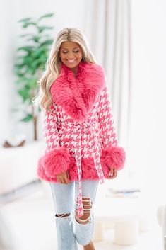 This wool jacket has the cutest houndstooth print and faux fur around the arms and neck. The faux fur neck is removable. Fit: True to size, model is wearing size small Fur Outfit, Outfit Holiday, Wool Jacket, Wool Coat, Holiday Outfits, Winter Coat, The Cutest, Faux Fur, Wool