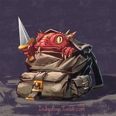 a red crab sitting on top of a bag with a knife in it's mouth