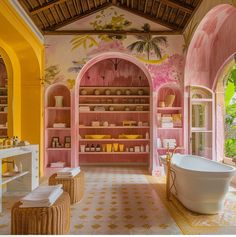 a bath room with a tub and shelves filled with items next to a doorway that leads to an outside patio