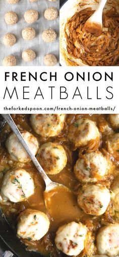 french onion meatballs in a skillet with gravy