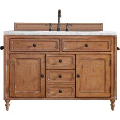 a bathroom vanity with two sinks and wooden cabinetry on the top, against a white background