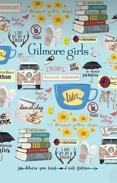 there are many different things on this blue wallpaper that look like books, coffee cups, and sunflowers