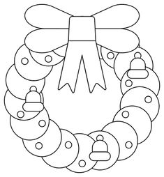 a black and white drawing of a christmas wreath with bells on the front, tied in a bow