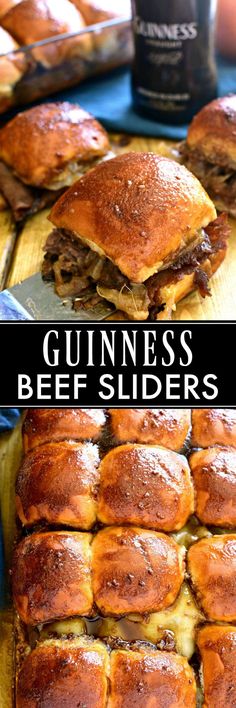 guinness beef sliders are stacked on top of each other and ready to be eaten