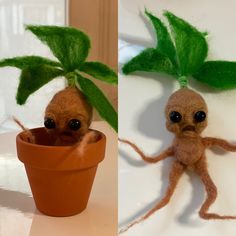 two pictures one with a small plant and the other with an odd looking doll sitting in a flower pot