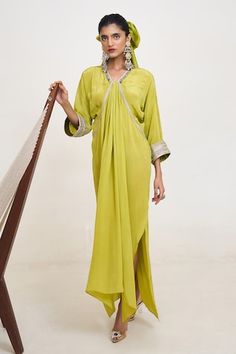 Lime green kaftan featuring coin, lace and cutwork on the neckline and sleeve hem. - Aza Fashions Green Long Sleeve Designer Kaftan, Green Floor-length Kaftan With Zari Work, Coin Lace, Green Kaftan, Kaftan Women, Crepe Fabric, Cut Work, Green Fabric, Aza Fashion