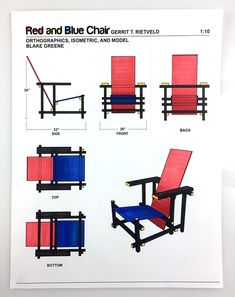 the instructions for an easy foldable chair are shown in red, blue and black