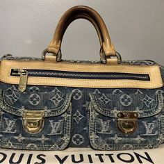 Bought This In Miami 15 Years Ago And We Just Found It In Our Storagethought I Lost It. Hardly Any Noticeable Flaws Only Minor Signs Of Wear Very Rare And In Amazing Condition Comes With Dust Bag! Luxury Bags With Pockets In Monogram Canvas, Blue Luxury Bag With Pockets, Luxury Blue Bags With Pockets, Designer Blue Bags With Pockets, Luxury Rectangular Satchel With Pockets, Bags Louis Vuitton, Denim Color, Colored Denim, Hand Bag