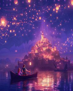 disney's castle is lit up at night with lanterns floating in the sky